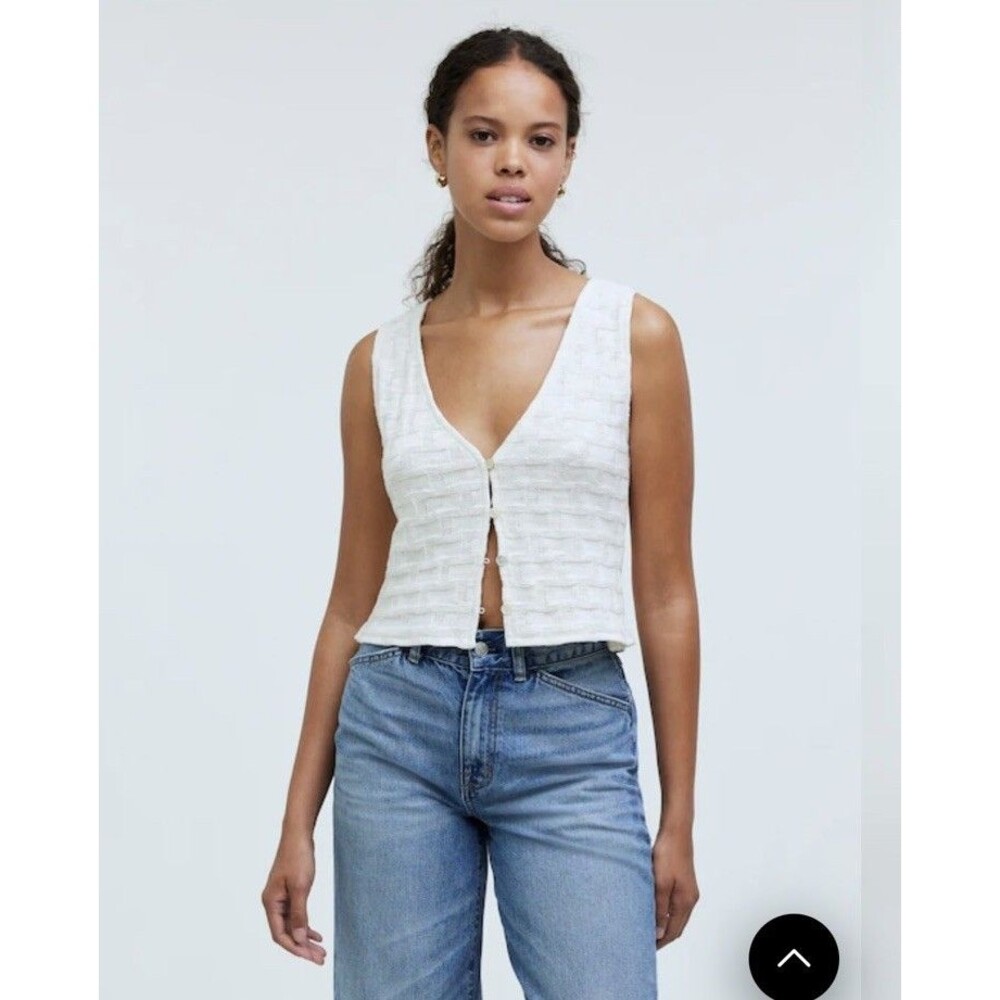 Madewell Top Womens Small Ivory Basketweave-Stitch Vest Textured Knit Cropped‎